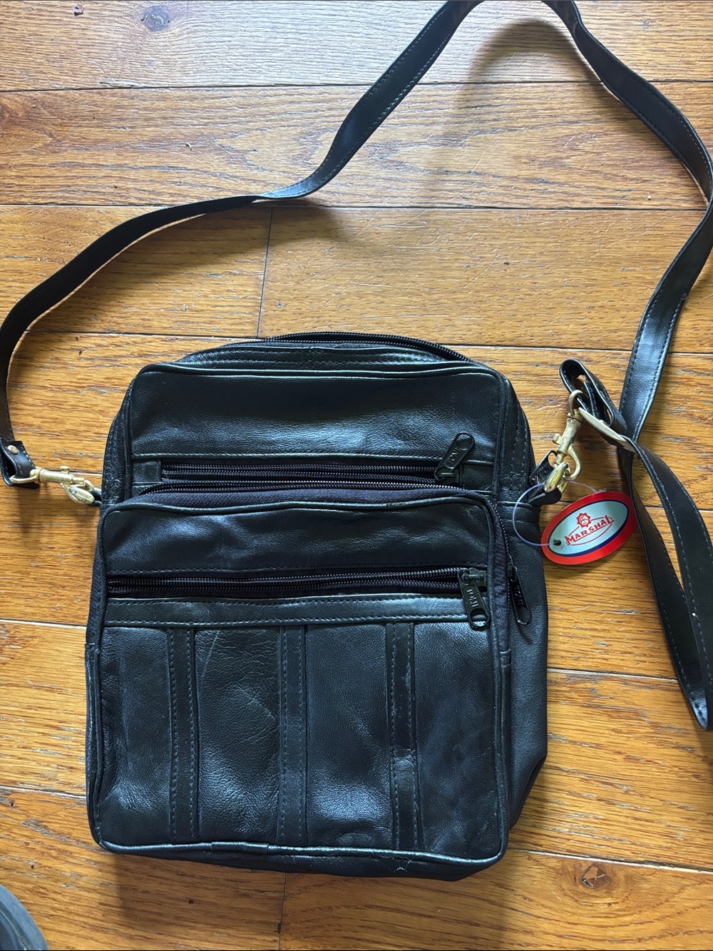 Marshall Black Leather Messenger Crossbody Bag for Men